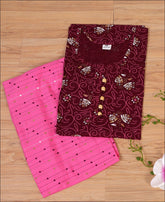 Cotton Wine Block Print Kurti Set